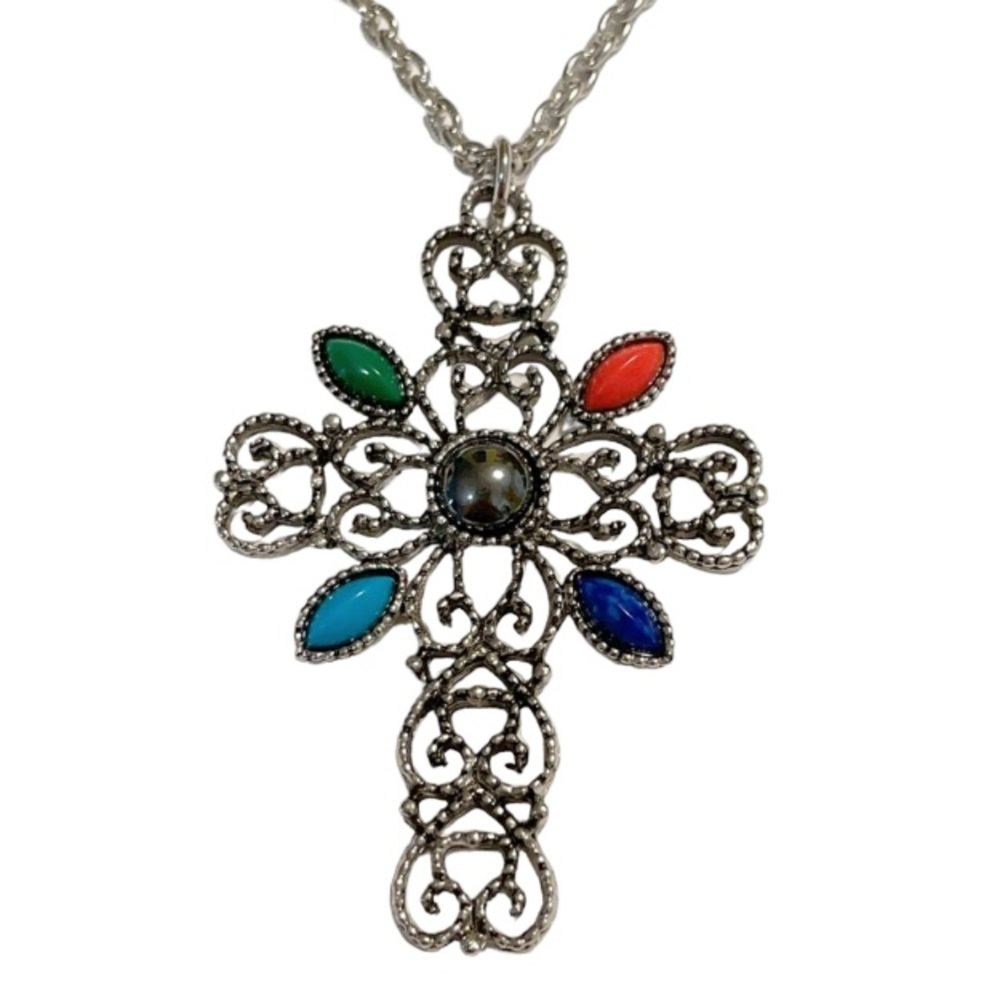 Vintage Avon silver beaded cross pendant necklace
